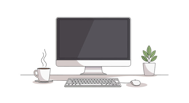 Minimalist Workspace Illustration Featuring Computer, Coffee, and Plant.