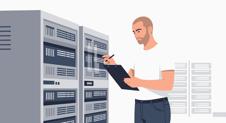 Poster - Server Technician Inspecting Data Center Equipment