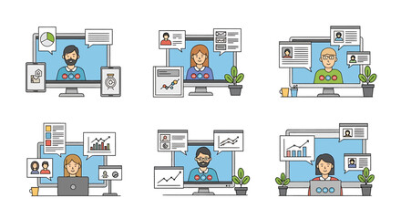 Poster - Six stylized computer screens displaying people in video conferences with data charts