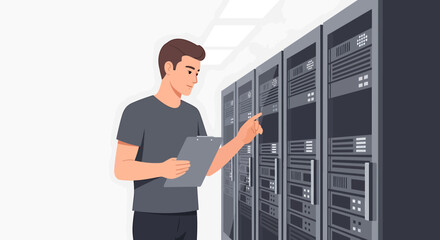 Poster - Technician Inspecting Server Racks with Clipboard