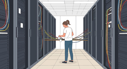 Poster - Technician Inspecting Server Racks with Colorful Cables in Data Center