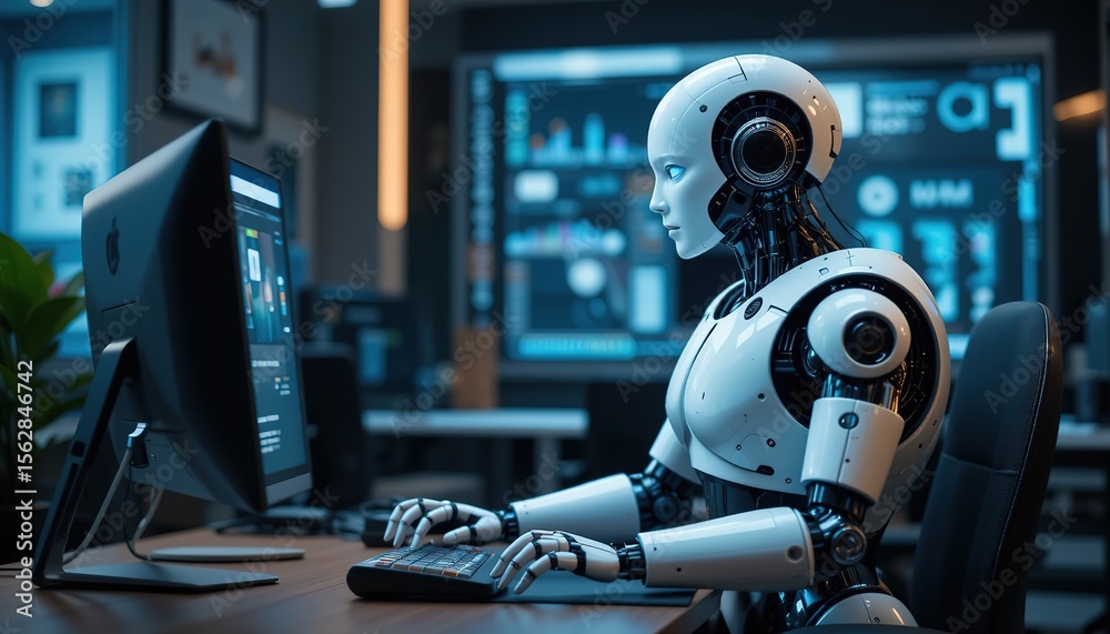 A humanoid robot AI agent working together with a human at a computer ...