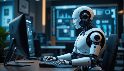 Fototapete - A humanoid robot AI agent working together with a human at a computer keyboard symbolizing antigen autonomy and the future of work with an assistant copilot bot for automation of jobs, 32k resolution
