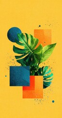 Poster - Tropical leaves and geometric shapes on a vibrant yellow background, featuring teal and orange accents, speckled with dark gray dust