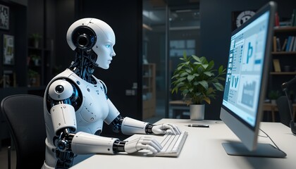 Fototapete - A humanoid robot AI agent working together with a human at a computer keyboard symbolizing antigen autonomy and the future of work with an assistant copilot bot for automation of jobs, 32k resolution
