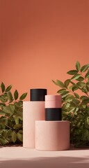 Aufkleber - Pink and black cosmetic jars on peach background with greenery