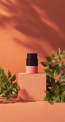 Poster - Coral-toned cosmetic container sits atop a square block, flanked by greenery, against a warm orange backdrop with leaf shadows