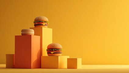 Poster - Three cheeseburgers and a donut sit atop orange geometric platforms against a sunny yellow backdrop