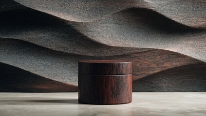 Poster - Dark-brown cylindrical wooden jar on a light marble surface against a wavy, dark-grey textured background