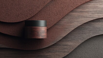 Poster - Dark wood-grain jar with black lid rests on undulating brown and dark brown wood surface