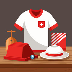 Poster - Red and white t shirts neatly folded beside a swiss cowbell
