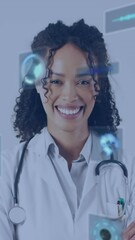 Poster - Animation of data processing over female doctor smiling