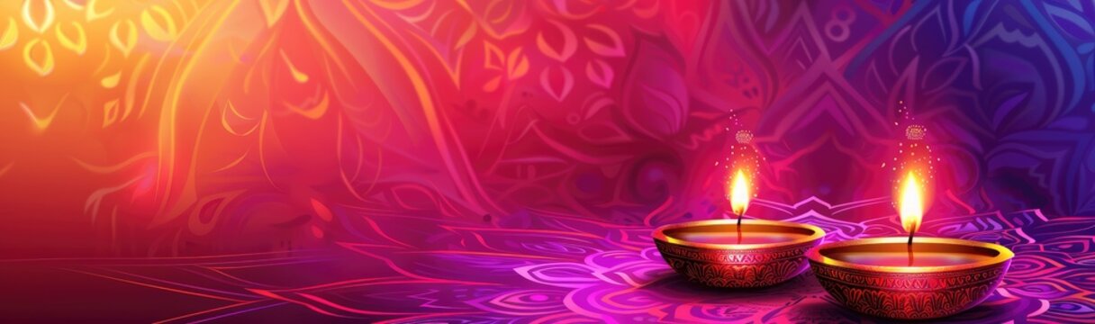 diwali banner background with mandala pattern and three oil lamps on right side, purple to red gradient color background
