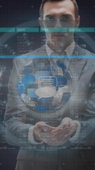 Poster - Animation of data processing on screens, globe spinning and scope scanning over businessman