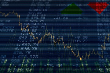 Poster - Showing jagged yellow line chart trending downward on blue screen with candlestick bars and arrows