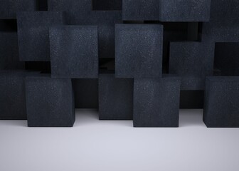 Poster - 3D render is featuring staggered charcoal-gray textured cubes casting soft shadows on white floor