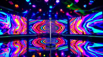 Poster - Vibrant karaoke stage with colorful neon lights, microphone stand, reflective floor, dynamic abstract digital background, and vibrant light