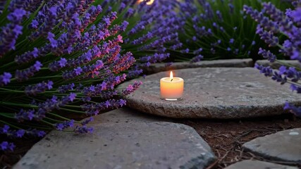 Poster - Candle lavender stone garden flower flame nature tranquility outdoor peaceful pathway of serenity with lavender flower stone path candle sunset