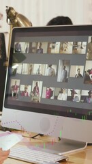 Poster - Composite of financial data processing over businesswoman using computer in office