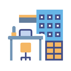 Poster - Workspace in flat vector graphics with shelf and desk