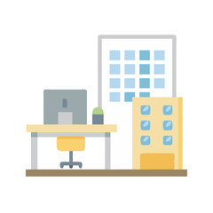 Poster - Flat design office scene with desk and buildings