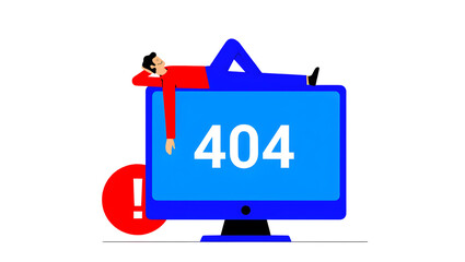 Fototapete - Man resting on computer screen displaying 404 error message with exclamation mark isolated on a transparent background
