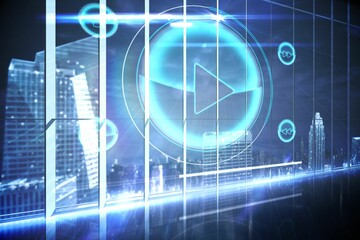 Poster - Hologram interface in office overlooking city