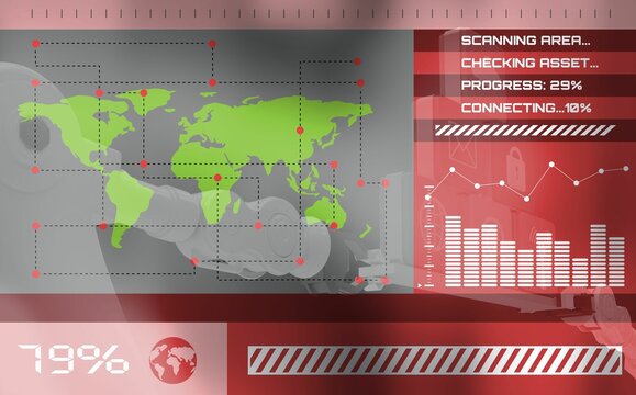 Digital image of world map with text on screen