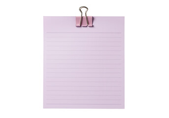 Poster - A pink lined note paper is held by a pink binder clip, isolated on transparent background