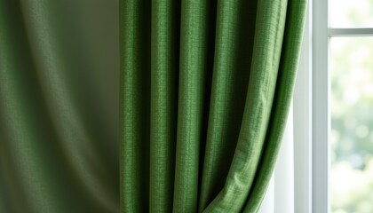 Poster - Elegant Green Fabric Curtains Draped Near Bright Window View