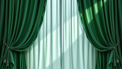 Poster - Elegant Green and White Drapes with Soft Natural Light Streaming In
