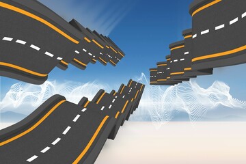 Poster - Floating highways with yellow-white stripes are hovering in flat design sky above translucent waves