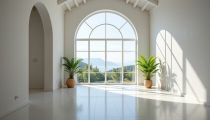 Poster - Modern Interior Design with Large Window and Green Plants in Room