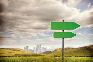 Poster - Green sign with city on horizon