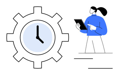 Poster - Female holding tablet pointing at tasks beside a large gear with a clock inside. Ideal for time management, productivity, workflow, business planning, scheduling, efficiency, simple landing page