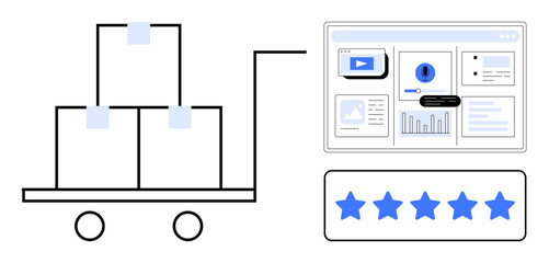 Poster - Cart with stacked boxes, digital dashboard interface with analytics and a star rating system. Ideal for logistics, delivery, e-commerce, customer feedback, business evaluation, quality assurance