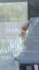 Poster - Animation of financial data processing over caucasian fit woman using rowing machine at the gym