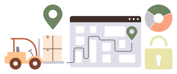 Poster - Forklift loading boxes, navigation map with route and location pins, pie chart, and padlock representing secure logistics. Ideal for delivery systems, supply chain, distribution, e-commerce, safety