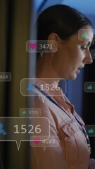 Poster - Animation of social media icons over caucasian female engineer using digital tablet at server room