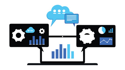Poster - Laptop displaying data visualizations with cloud and speech bubbles on a white background