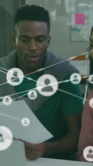 Poster - Animation of network of connections with icons over diverse business people in office