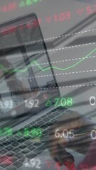 Poster - Animation of stock market data processing over african american man having a videocall on laptop
