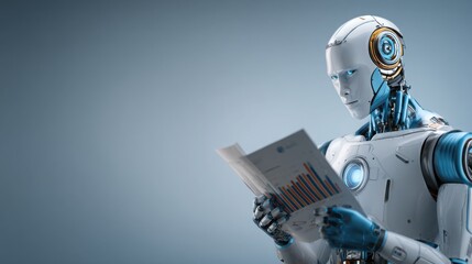 Poster - Humanoid robot holding a piece of paper symbolizing ai business assistant functionality and creative documentation