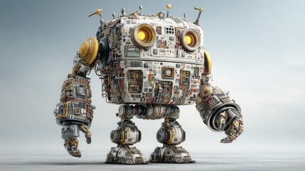 Poster - robot assembled from various parts illustrating the autonomous wealth engine concept in a futuristic