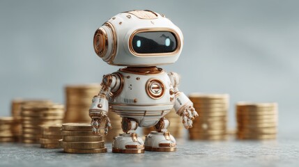 Poster - robot standing in front of a pile of coins representing the autonomous wealth engine concept for fin