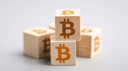 Poster - Block of wood featuring a bitcoin as a concept for blockchain emotional risk assessment icon design