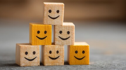 Poster - Stack of wooden blocks with smiley faces as a creative concept for blockchain emotional trust analyzer icon
