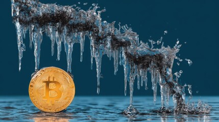 Poster - Bitcoin falling into ice as a dramatic visual representation for blockchain emotional volatility tracker icon concept
