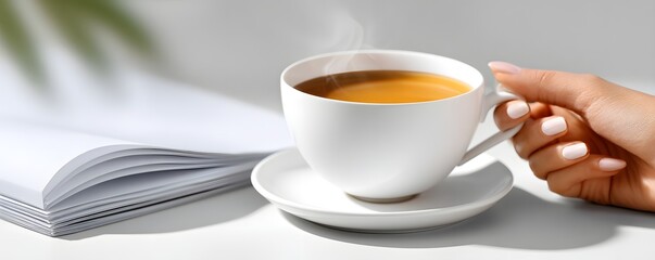 Poster - A principal sipping coffee while organizing paperwork, sunlight streaming through the window, Editorial Photography style
