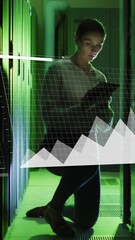 Poster - Animation of statistical data processing over caucasian female engineer using tablet at server room